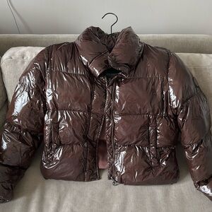 Noize Brown Glossy Cropped Puffer Jacket